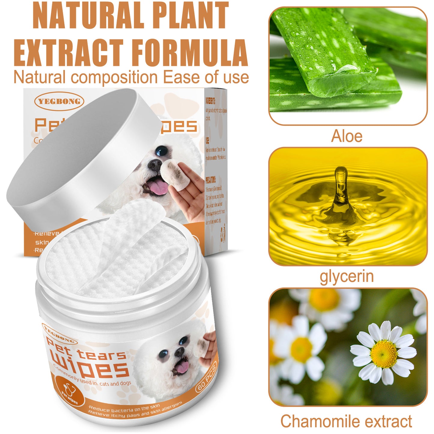 寵物濕巾，耳垢清潔劑，去除牙菌斑和細菌，狗和貓的便攜式濕毛巾，60 片